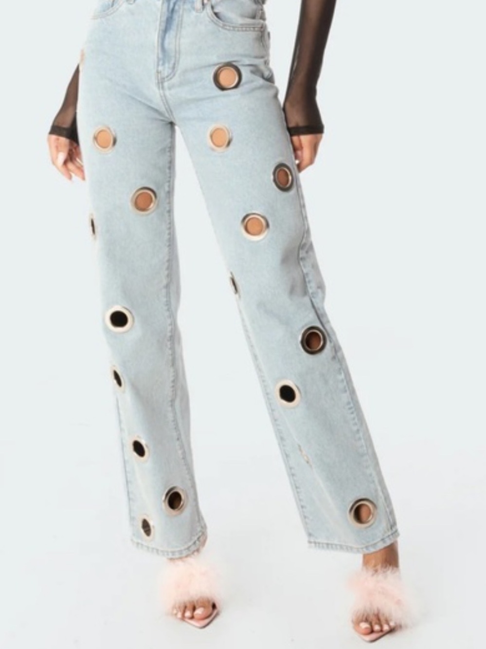 Edikted Light Blue Denim Jeans with Gold Grommets